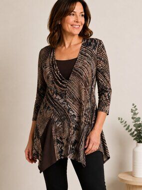 Picadilly Fashions Asymmetrical Draped Top M Brown Abstract Print Made in Canada